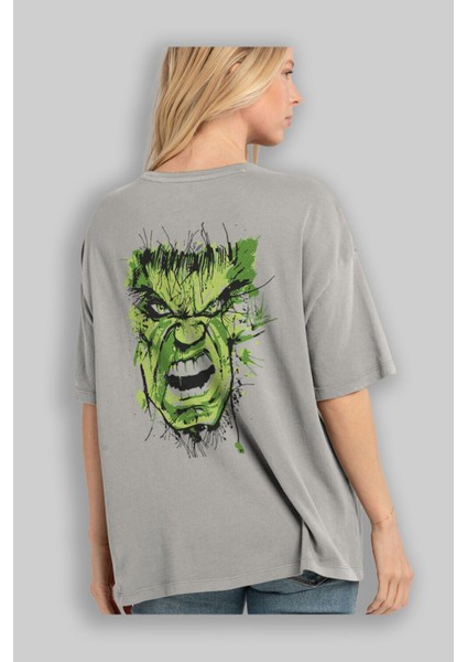 Hulk (4) Arka Baskılı Gri Oversize T-Shirt Bisiklet Yaka Pamuk Erkek Kadın modelleri