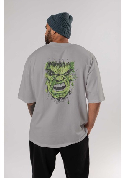 Hulk (4) Arka Baskılı Gri Oversize T-Shirt Bisiklet Yaka Pamuk Erkek Kadın fırsatları