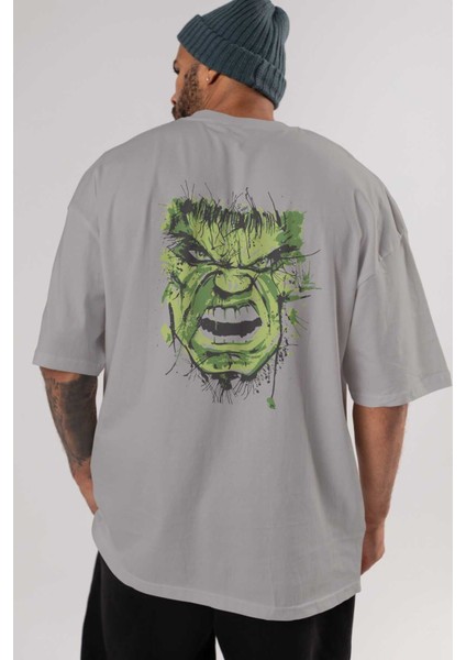 Hulk (4) Arka Baskılı Gri Oversize T-Shirt Bisiklet Yaka Pamuk Erkek Kadın indirimleri
