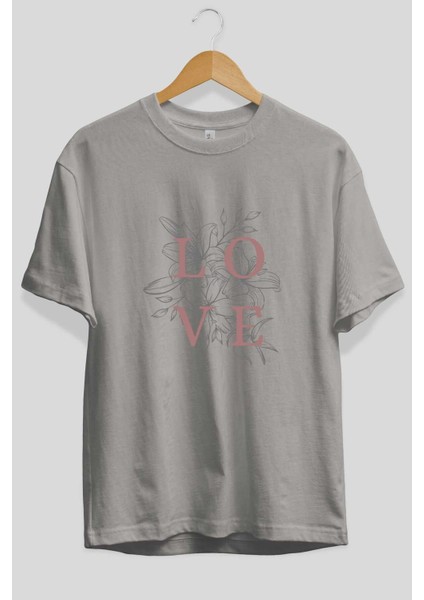 Love Yazılı Ön Baskılı Gri Oversize T-Shirt Unisex Erkek Kadın Bisiklet Yaka fiyatları