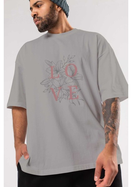 Love Yazılı Ön Baskılı Gri Oversize T-Shirt Unisex Erkek Kadın Bisiklet Yaka modelleri