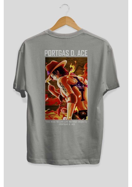 Portgas D. Ace Arka Baskılı Gri Oversize T-Shirt Unisex Erkek Kadın Bisiklet Yaka fiyatları