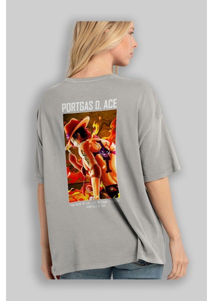 Portgas D. Ace Arka Baskılı Gri Oversize T-Shirt Unisex Erkek Kadın Bisiklet Yaka modelleri
