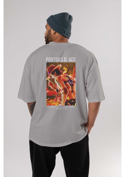 Portgas D. Ace Arka Baskılı Gri Oversize T-Shirt Unisex Erkek Kadın Bisiklet Yaka fırsatları