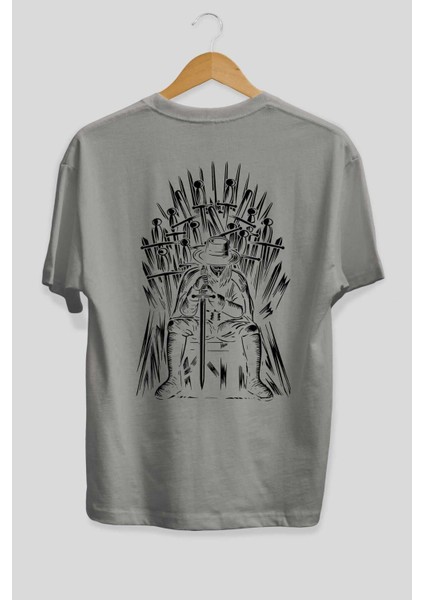 The Thrones Of Vendetta Arka Baskılı Gri Oversize T-Shirt Unisex Erkek Kadın Bisiklet Yaka