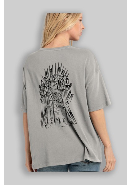 The Thrones Of Vendetta Arka Baskılı Gri Oversize T-Shirt Unisex Erkek Kadın Bisiklet Yaka
