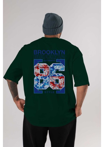 Brooklyn 86 Style Arka Baskılı Zümrüt Yeşili Oversize T-Shirt Unisex Erkek Kadın Bisiklet Yaka