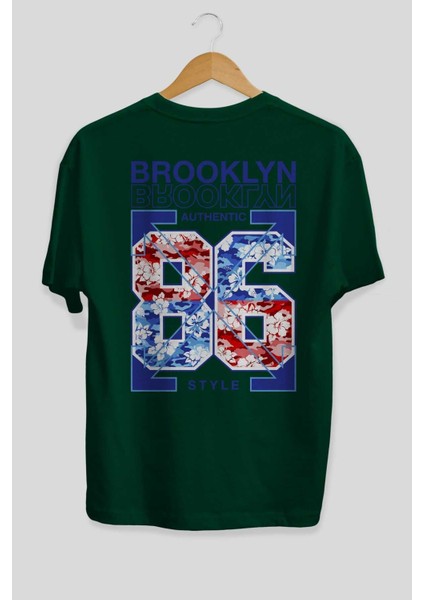 Brooklyn 86 Style Arka Baskılı Zümrüt Yeşili Oversize T-Shirt Unisex Erkek Kadın Bisiklet Yaka fiyatları