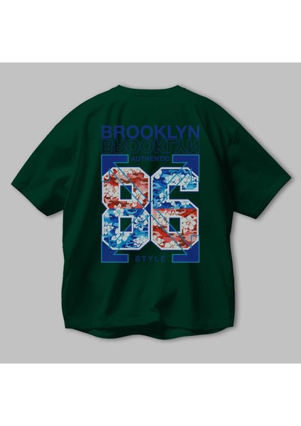 Brooklyn 86 Style Arka Baskılı Zümrüt Yeşili Oversize T-Shirt Unisex Erkek Kadın Bisiklet Yaka modelleri