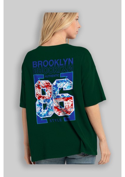 Brooklyn 86 Style Arka Baskılı Zümrüt Yeşili Oversize T-Shirt Unisex Erkek Kadın Bisiklet Yaka fırsatları