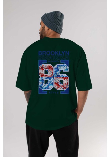 Brooklyn 86 Style Arka Baskılı Zümrüt Yeşili Oversize T-Shirt Unisex Erkek Kadın Bisiklet Yaka indirimleri