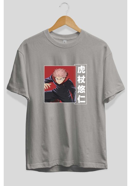 Yuuji Itadori 2 Anime Ön Baskılı Gri Oversize T-Shirt %100 Pamuk Erkek Kadın