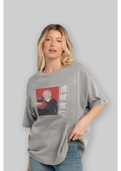 Yuuji Itadori 2 Anime Ön Baskılı Gri Oversize T-Shirt %100 Pamuk Erkek Kadın