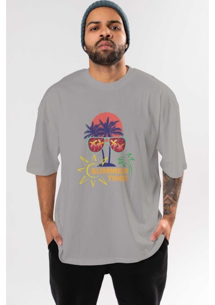 Summer Time Yazılı Ön Baskılı Gri Oversize T-Shirt Unisex Erkek Kadın Bisiklet Yaka