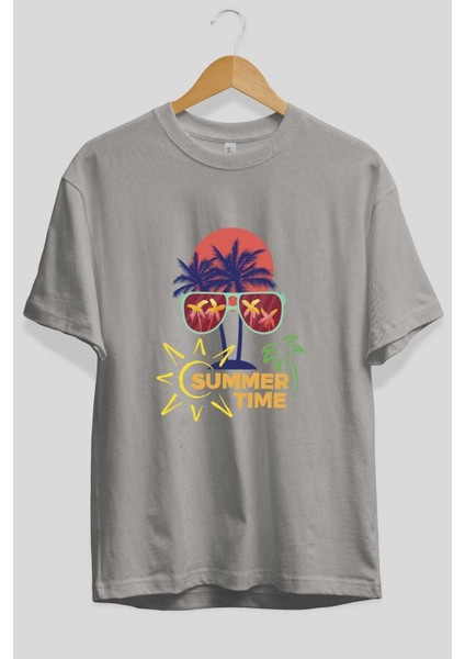 Summer Time Yazılı Ön Baskılı Gri Oversize T-Shirt Unisex Erkek Kadın Bisiklet Yaka