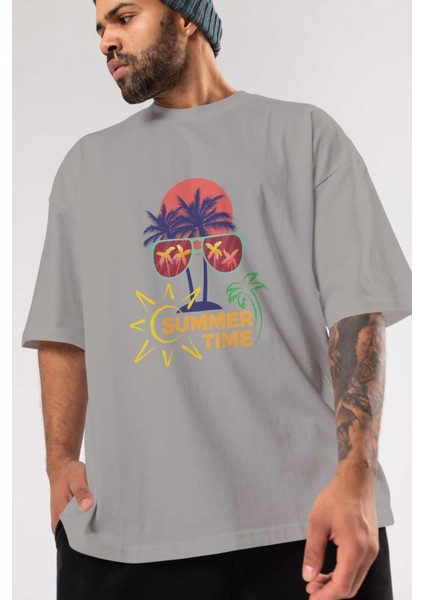 Summer Time Yazılı Ön Baskılı Gri Oversize T-Shirt Unisex Erkek Kadın Bisiklet Yaka