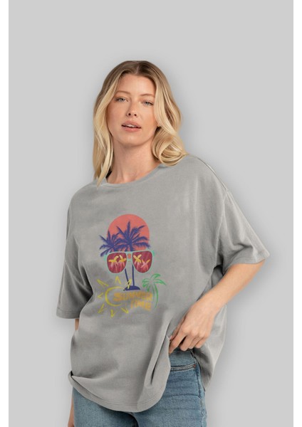 Summer Time Yazılı Ön Baskılı Gri Oversize T-Shirt Unisex Erkek Kadın Bisiklet Yaka