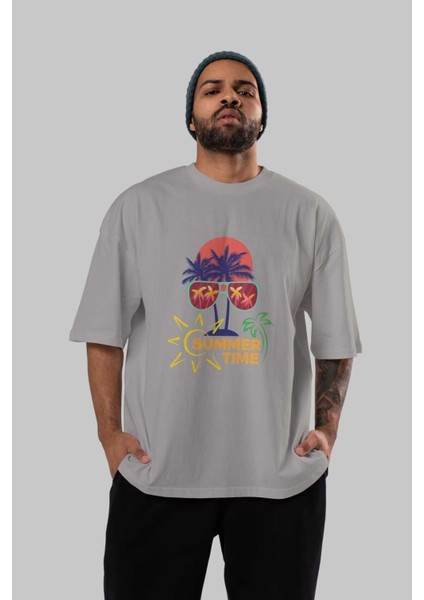 Summer Time Yazılı Ön Baskılı Gri Oversize T-Shirt Unisex Erkek Kadın Bisiklet Yaka