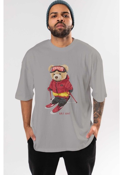 Teddy Bear Ski On Ön Baskılı Gri Oversize T-Shirt Unisex Erkek Kadın Bisiklet Yaka