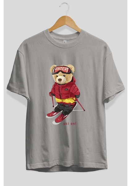 Teddy Bear Ski On Ön Baskılı Gri Oversize T-Shirt Unisex Erkek Kadın Bisiklet Yaka fiyatları