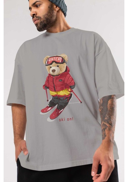Teddy Bear Ski On Ön Baskılı Gri Oversize T-Shirt Unisex Erkek Kadın Bisiklet Yaka modelleri