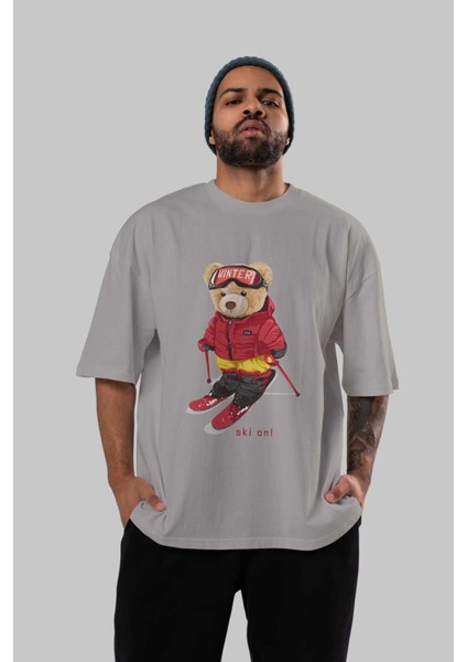 Teddy Bear Ski On Ön Baskılı Gri Oversize T-Shirt Unisex Erkek Kadın Bisiklet Yaka indirimleri