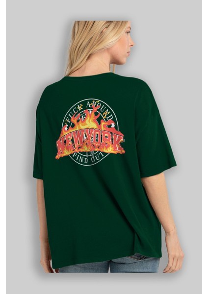 Newyork Style Arka Baskılı Zümrüt Yeşili Oversize T-Shirt Erkek Kadın Bisiklet Yaka fırsatları