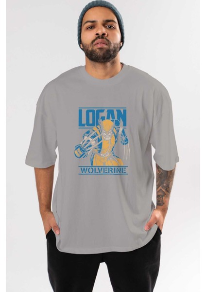 Wolverine Logan Ön Baskılı Gri Oversize T-Shirt Bisiklet Yaka Pamuk Erkek Kadın