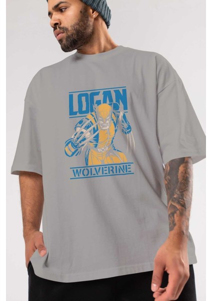 Wolverine Logan Ön Baskılı Gri Oversize T-Shirt Bisiklet Yaka Pamuk Erkek Kadın