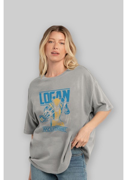 Wolverine Logan Ön Baskılı Gri Oversize T-Shirt Bisiklet Yaka Pamuk Erkek Kadın