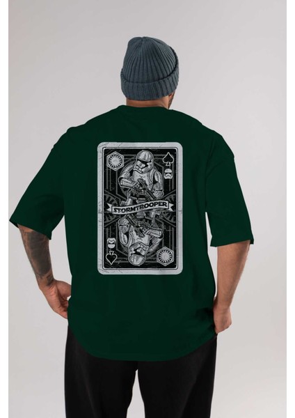 Stormtrooper Playing Card Arka Baskılı Zümrüt Yeşili Oversize T-Shirt Erkek Kadın Bisiklet Yaka