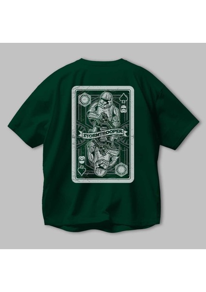 Stormtrooper Playing Card Arka Baskılı Zümrüt Yeşili Oversize T-Shirt Erkek Kadın Bisiklet Yaka modelleri