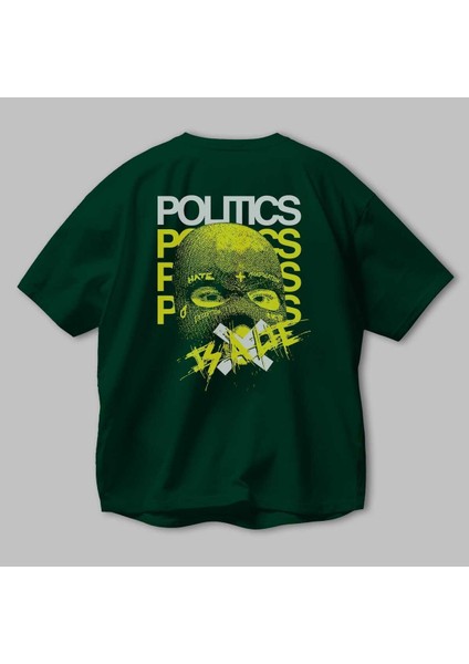 Politics Is A Lie Arka Baskılı Zümrüt Yeşili Oversize T-Shirt Erkek Kadın Bisiklet Yaka