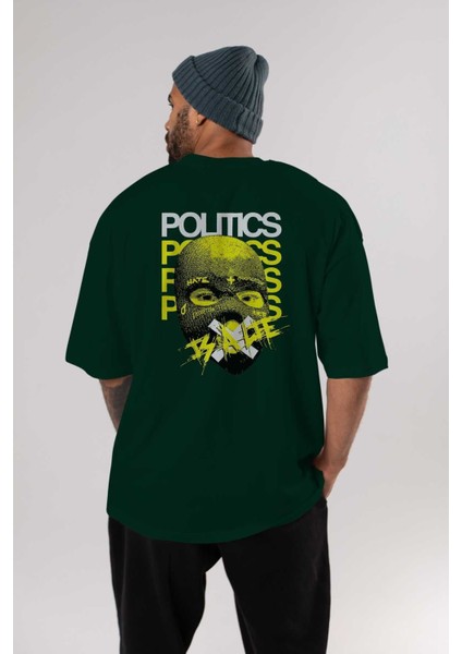Politics Is A Lie Arka Baskılı Zümrüt Yeşili Oversize T-Shirt Erkek Kadın Bisiklet Yaka