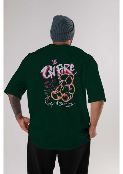 On Fire Bear Arka Baskılı Zümrüt Yeşili Oversize T-Shirt Erkek Kadın Bisiklet Yaka