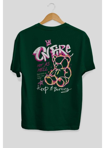 On Fire Bear Arka Baskılı Zümrüt Yeşili Oversize T-Shirt Erkek Kadın Bisiklet Yaka fiyatları