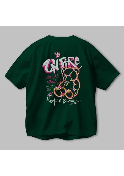 On Fire Bear Arka Baskılı Zümrüt Yeşili Oversize T-Shirt Erkek Kadın Bisiklet Yaka modelleri