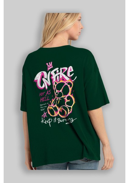 On Fire Bear Arka Baskılı Zümrüt Yeşili Oversize T-Shirt Erkek Kadın Bisiklet Yaka fırsatları