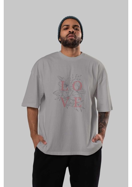 Love Yazılı Ön Baskılı Gri Oversize T-Shirt Unisex Erkek Kadın Bisiklet Yaka indirimleri