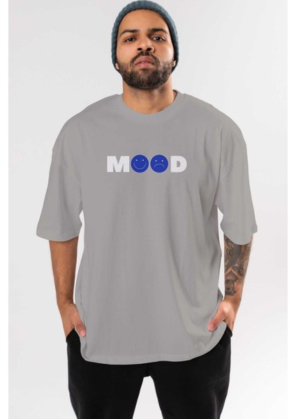 Mood Ön Baskılı Gri Oversize T-Shirt Unisex Erkek Kadın Bisiklet Yaka