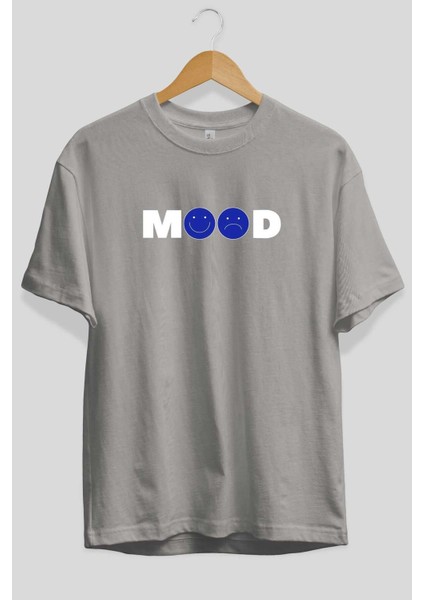 Mood Ön Baskılı Gri Oversize T-Shirt Unisex Erkek Kadın Bisiklet Yaka fiyatları