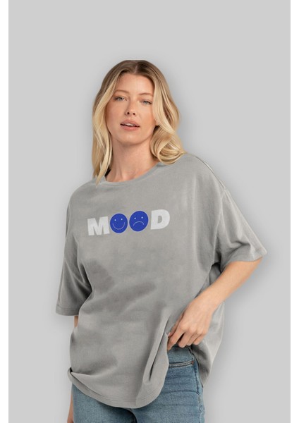 Mood Ön Baskılı Gri Oversize T-Shirt Unisex Erkek Kadın Bisiklet Yaka fırsatları