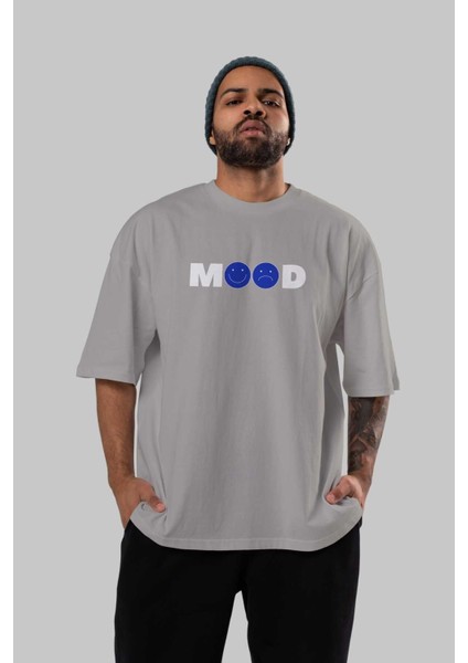 Mood Ön Baskılı Gri Oversize T-Shirt Unisex Erkek Kadın Bisiklet Yaka indirimleri