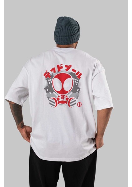 Deadpool (15) Arka Baskılı Beyaz Oversize T-Shirt Bisiklet Yaka Pamuk Erkek Kadın
