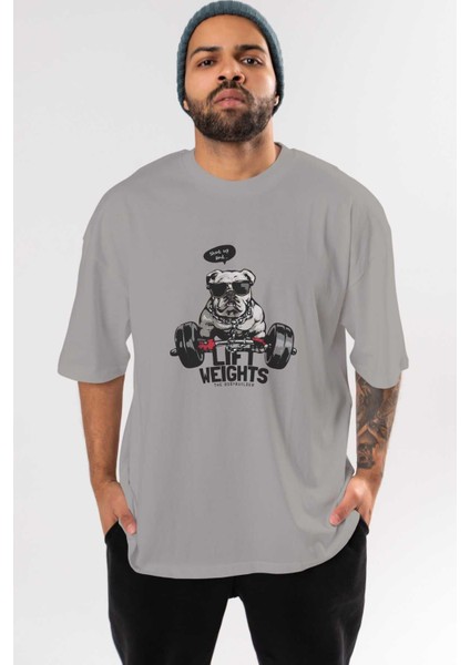 Teddy Bear Lift Weights Ön Baskılı Gri Oversize T-Shirt Unisex Erkek Kadın Bisiklet Yaka