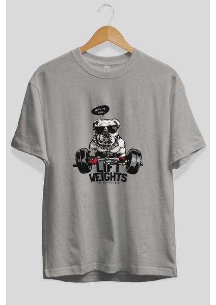 Teddy Bear Lift Weights Ön Baskılı Gri Oversize T-Shirt Unisex Erkek Kadın Bisiklet Yaka fiyatları