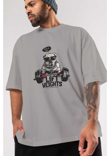 Teddy Bear Lift Weights Ön Baskılı Gri Oversize T-Shirt Unisex Erkek Kadın Bisiklet Yaka modelleri