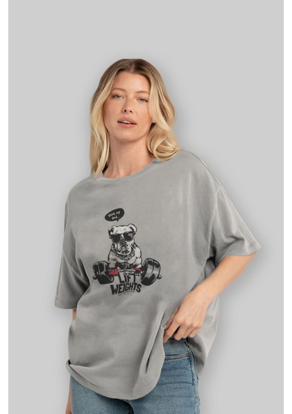 Teddy Bear Lift Weights Ön Baskılı Gri Oversize T-Shirt Unisex Erkek Kadın Bisiklet Yaka fırsatları