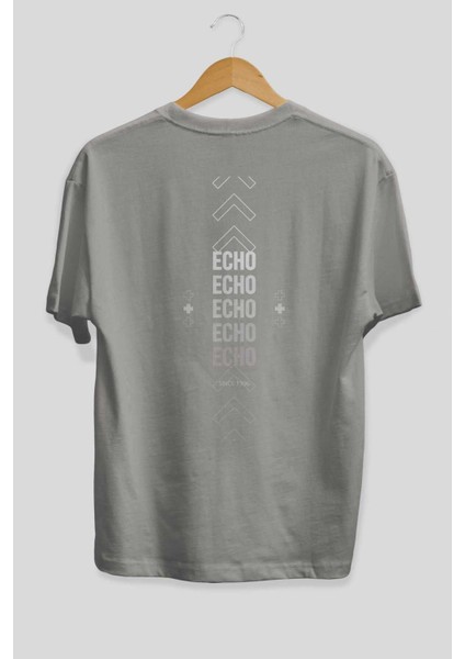 Echo Yazılı Arka Baskılı Gri Oversize T-Shirt Unisex Erkek Kadın Bisiklet Yaka fiyatları