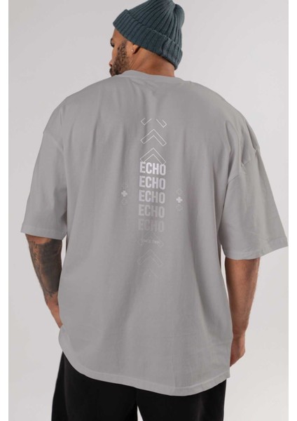 Echo Yazılı Arka Baskılı Gri Oversize T-Shirt Unisex Erkek Kadın Bisiklet Yaka indirimleri